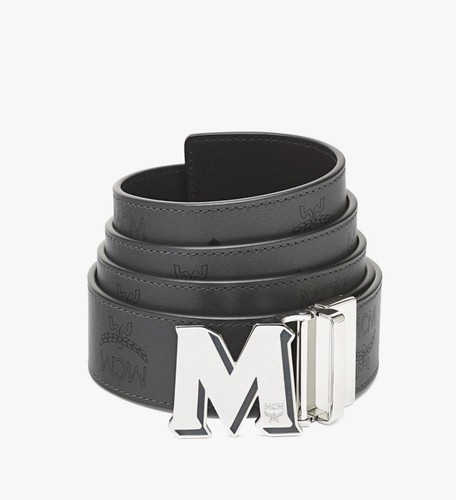 【 】Monogram Buckle Reversible Leather Belt Reversible Black Or Brown Leather Belt With Silver-Tone