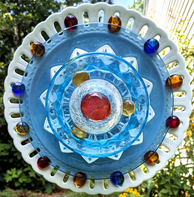Glass Plate Flower, Yard Art, Large 10'', Dish Flower Blue, white, crackle glass
