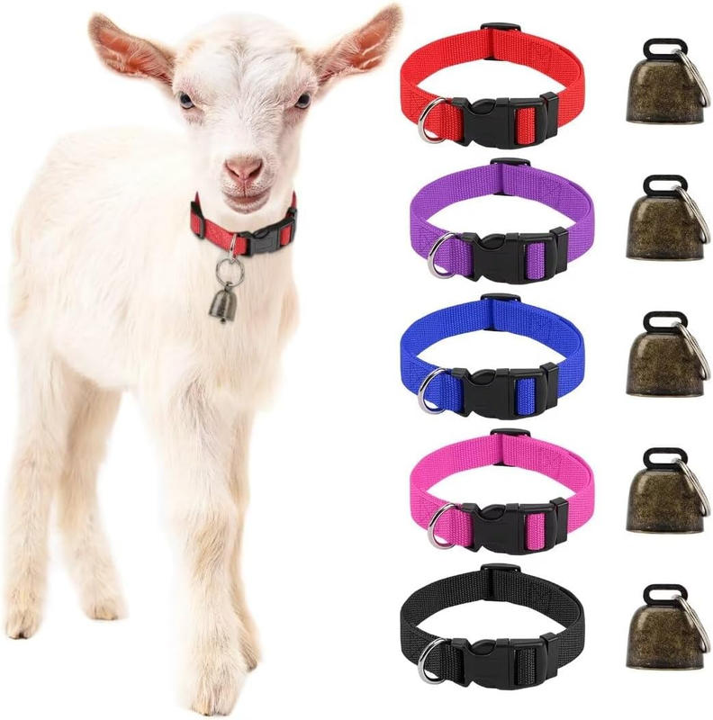 5 Pack Goat Collars with Bells, Horse Sheep Grazing Copper Bells and Adjustable Nylon Collar Set Pet Anti-Lost Loud Bronze Bell for Small Farm Animal Sheep Cow Accessories