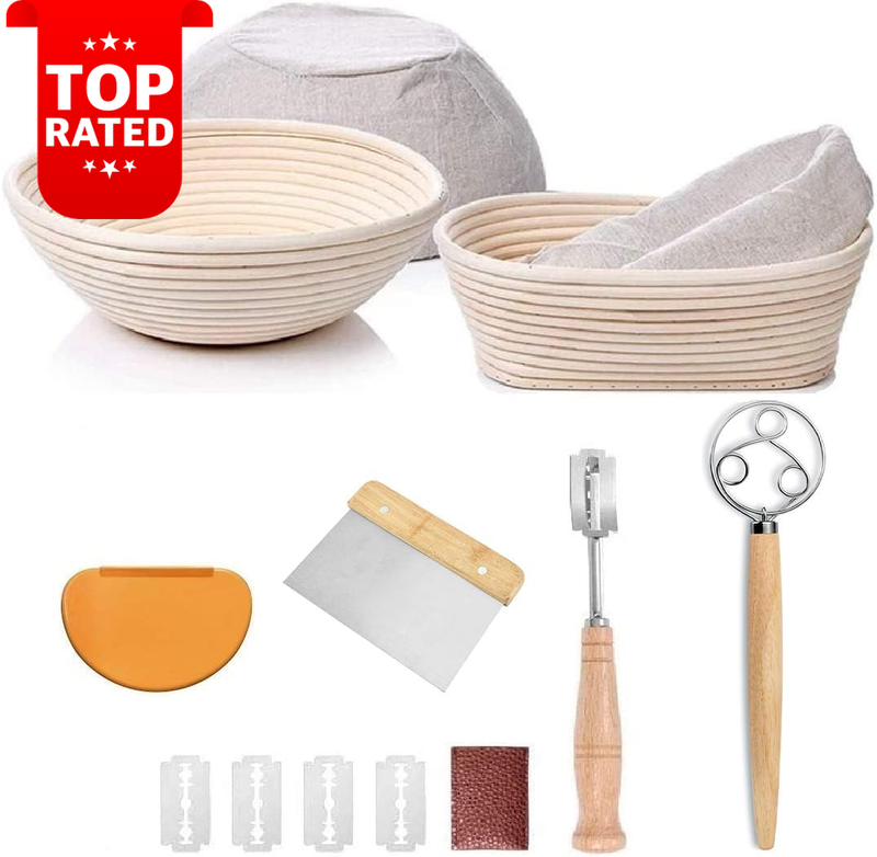 Bread Proofing Basket Set 2 Round Oval Banneton Dough Whisk Scoring Lame Kit
