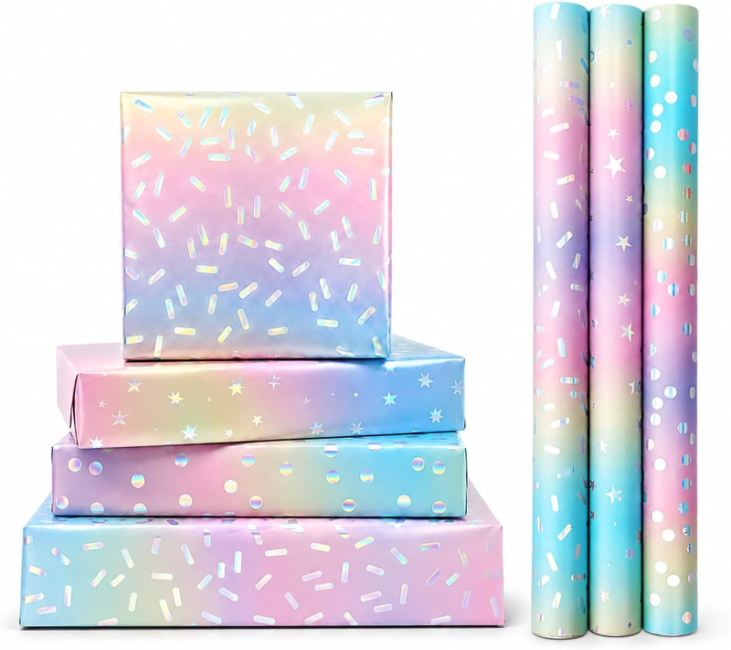 3 Rolls Wrapping Paper Set, Premium Laser Process Gift Wrapping Paper for Birthd