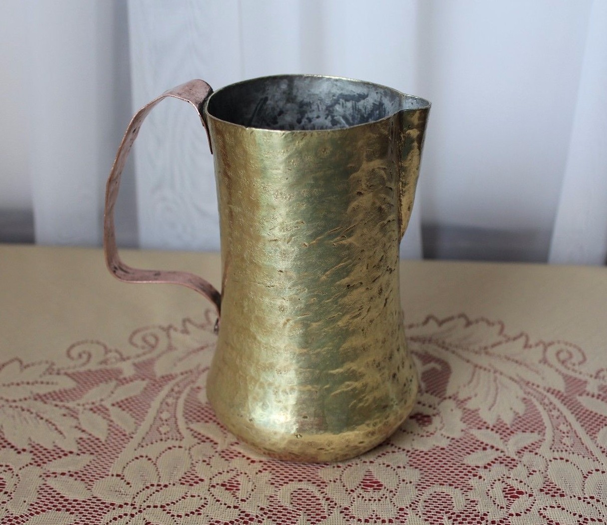 Antique Rustic Hammered Brass & Copper Trench Art WW I Pitcher Mug Primitive