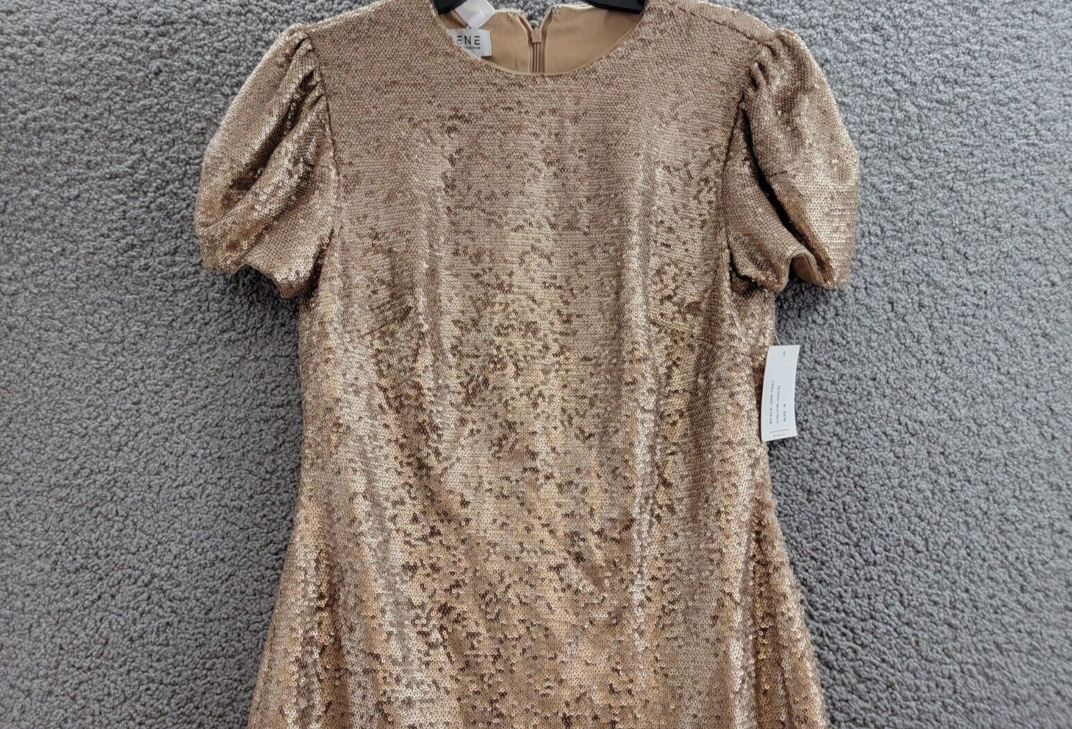 RENE Rene Ruiz Puff Sleeve Sequin Cocktail Dress Women's 8 Gold Back Zip Closure - Picture 3 of 17