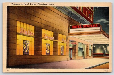 Cleveland Ohio~Hotel Statler~Lounge Bar~Neon Night Lights~ART DECO~1940s Linen 