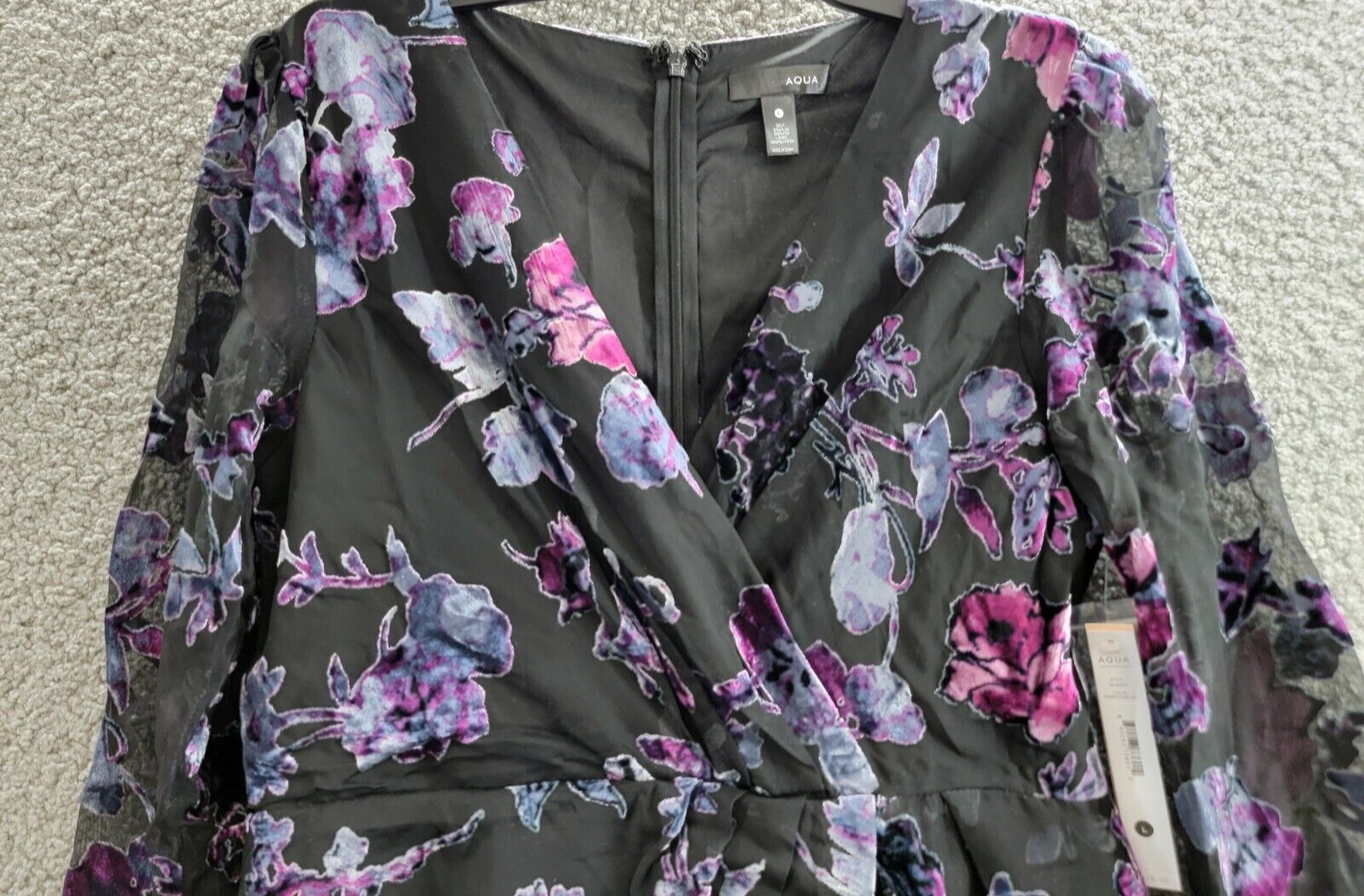 AQUA Floral Velvet Burnout Mini Dress Women's L Multi V-Neck Back Zip Closure - Picture 3 of 19