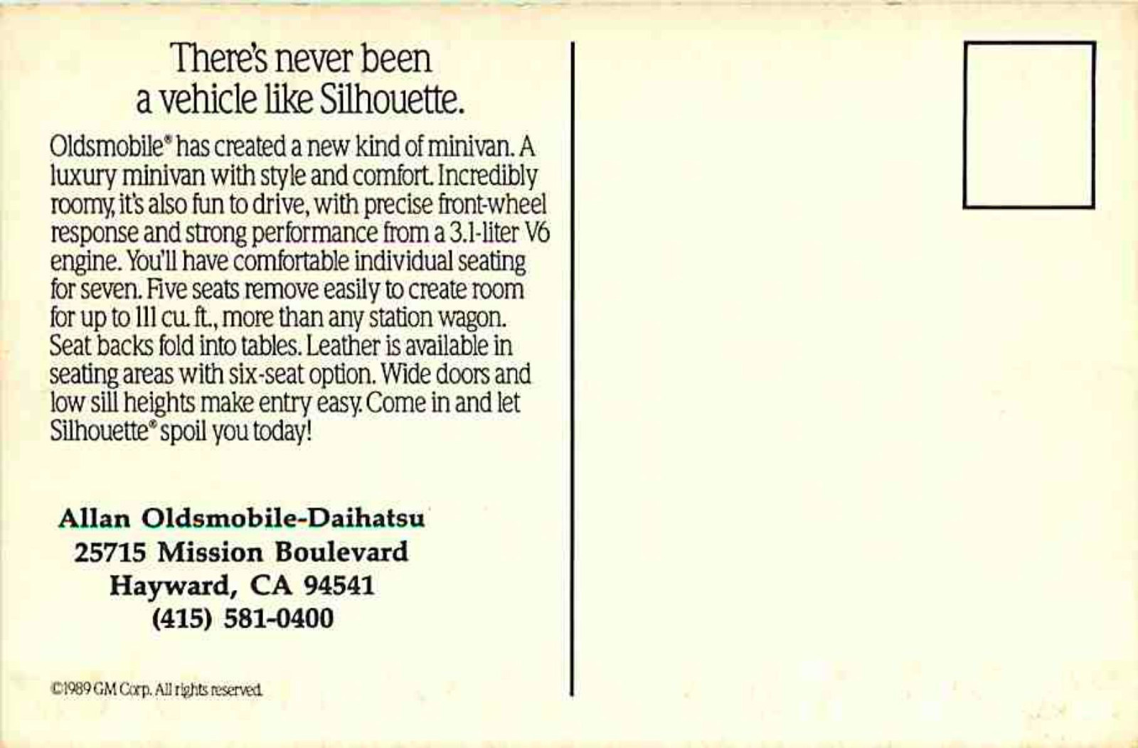 Advertising Postcard 1990 Oldsmobile Silhouette Minivan