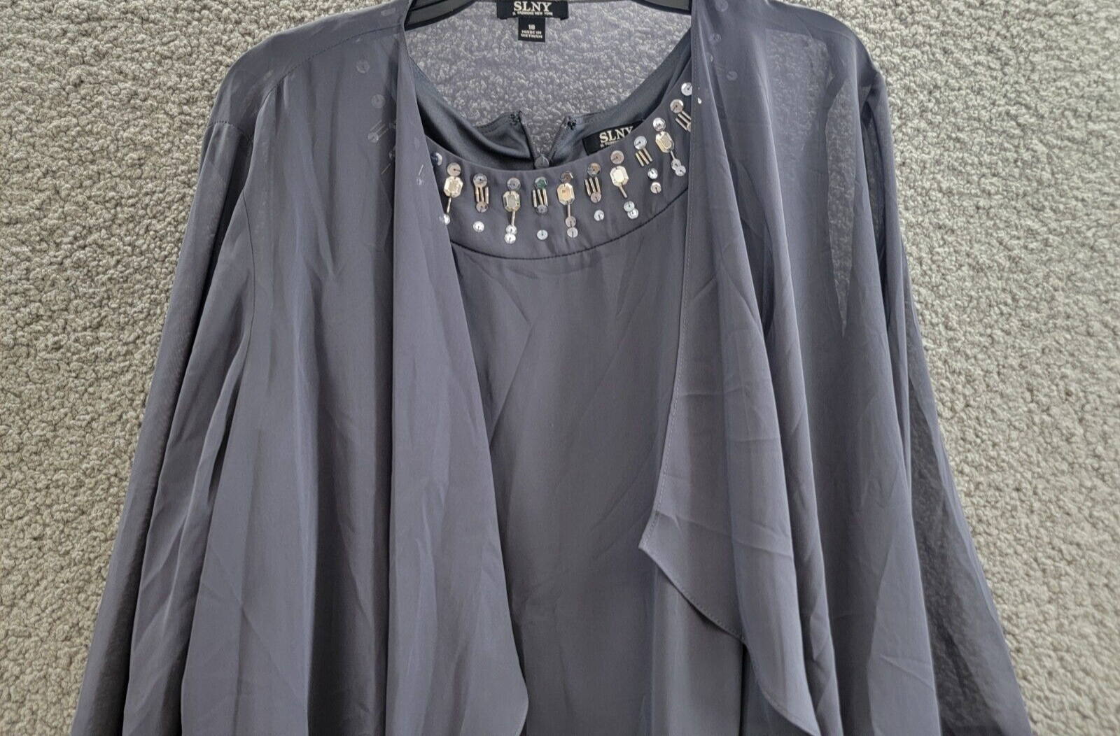 SLNY Sheath Dress & Sheer Jacket Set Women's 16 Steel Embellished Zip Closure - Picture 3 of 20