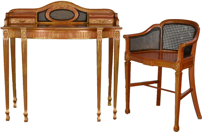 Vintage Neoclassical Cane Writing Desk or Vanity and Chair