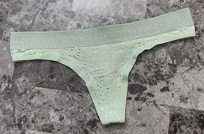 NWT VICTORIA'S SECRET GREEN SILVER STAR SHINE LOGO THICK WAISTBAND THONG PANTIES