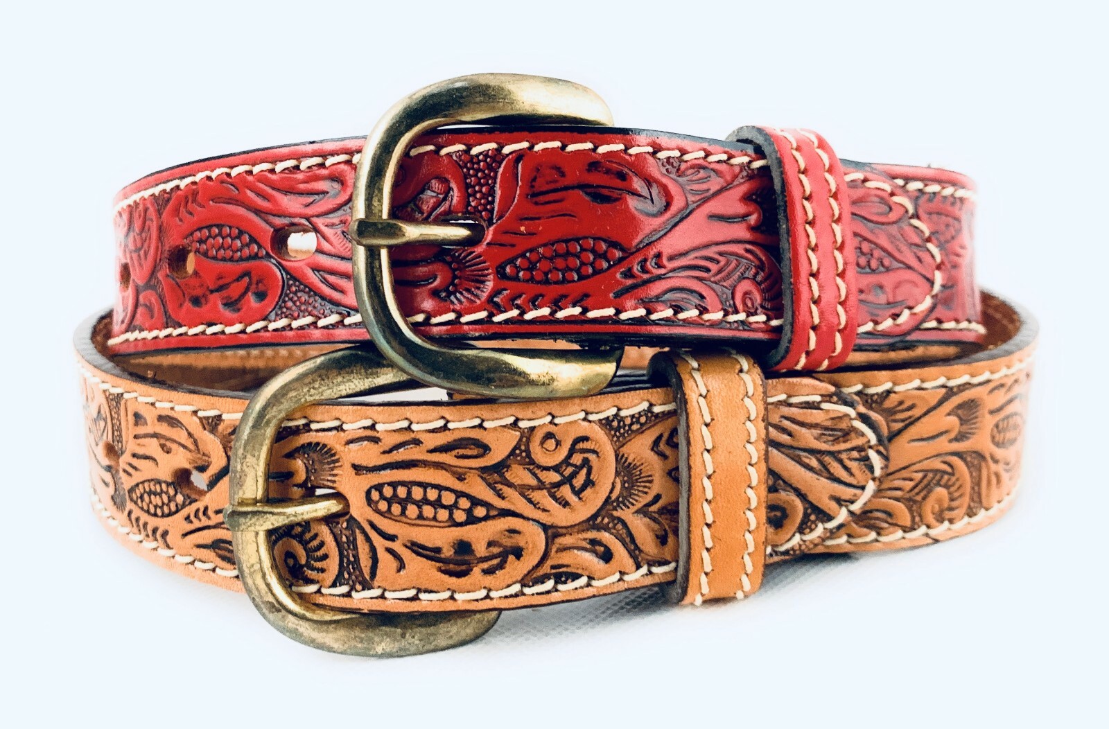 🌟Boys & Girls Tooled Floral Western Belt, Full Grain Leather, Kids Sizes 18-32 