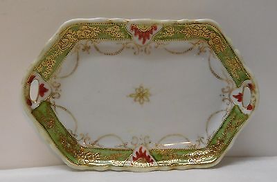 Jewelry Tray Trinket Dish Green and Gold Accents Fire Design Nippon Vintage