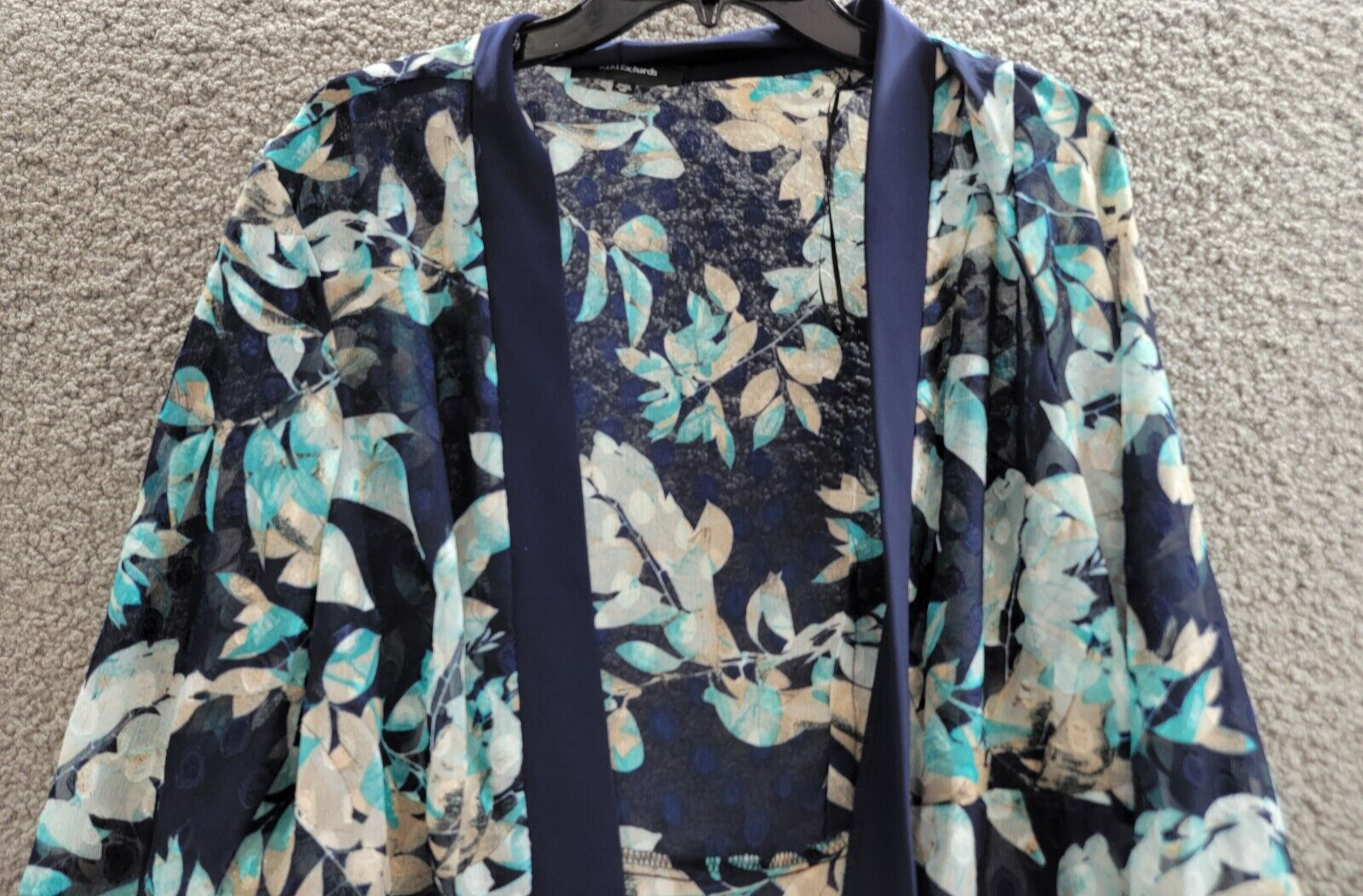 R & M Richards Floral Jacquard Jacket Womens 12 Blue Multi Open Front 3/4 Sleeve - Picture 3 of 16