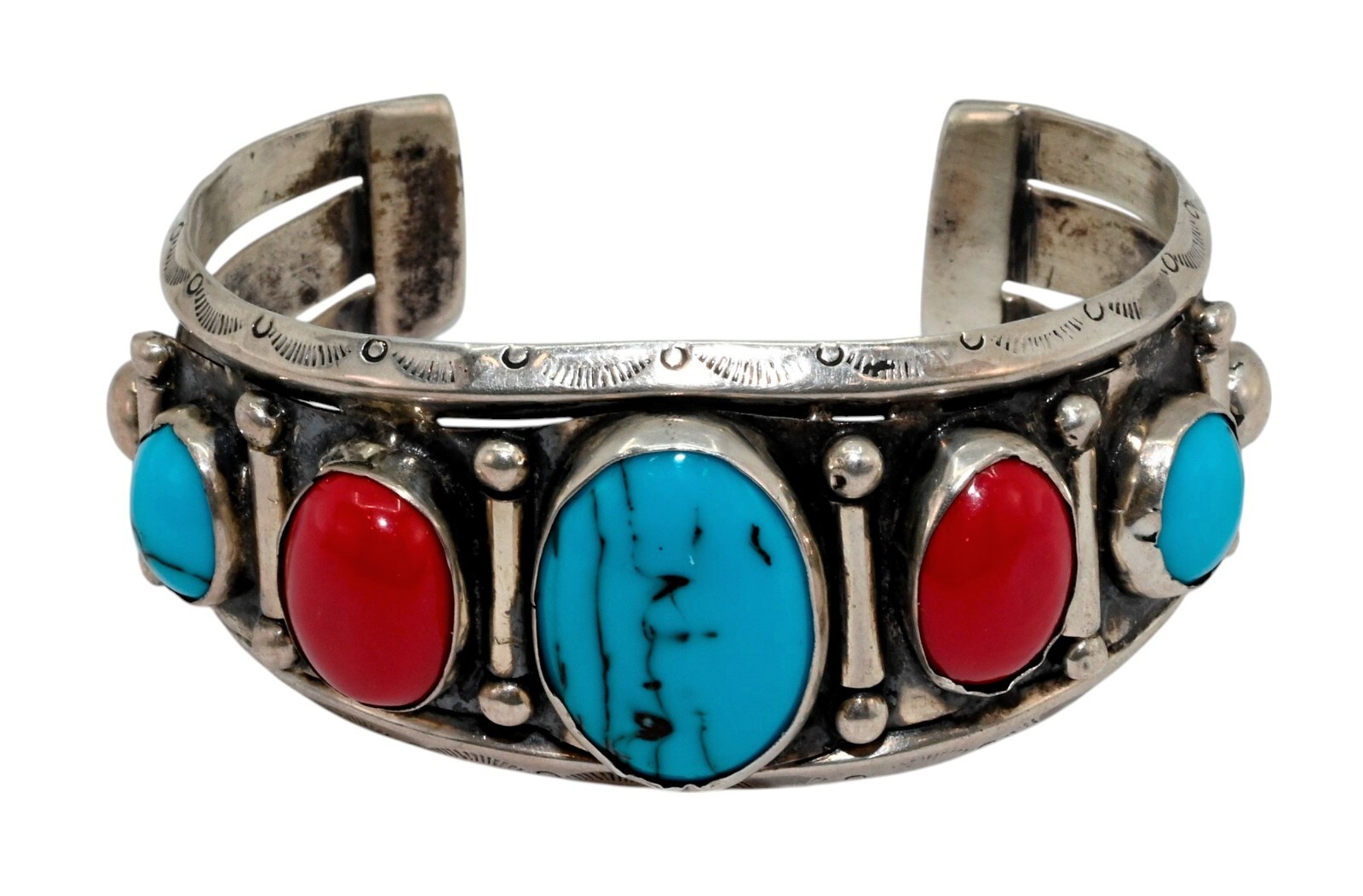 Navajo Old Pawn Solid 925 Sterling Silver Turquoise/ Coral