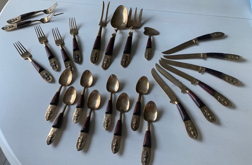 Vintage SIAM Brass Bronze Silverware Set 22 Pcs. Thailand Flatware