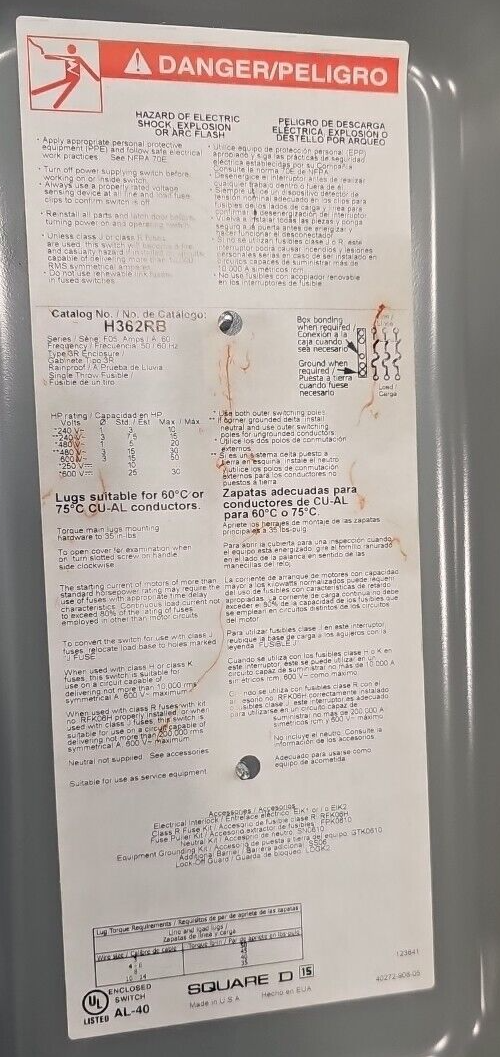 NEW SQUARE D H362RB Heavy Duty Safety Switch 60A 600 VAC/V