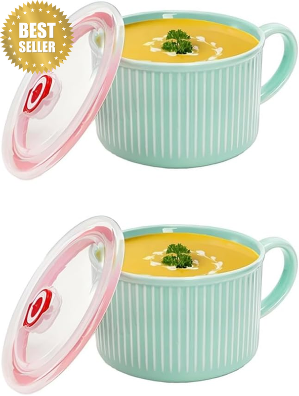 2 Pcs Soup Bowl with Handle,Ceramic Food Storage Bowl,Kitchen Storage Crock