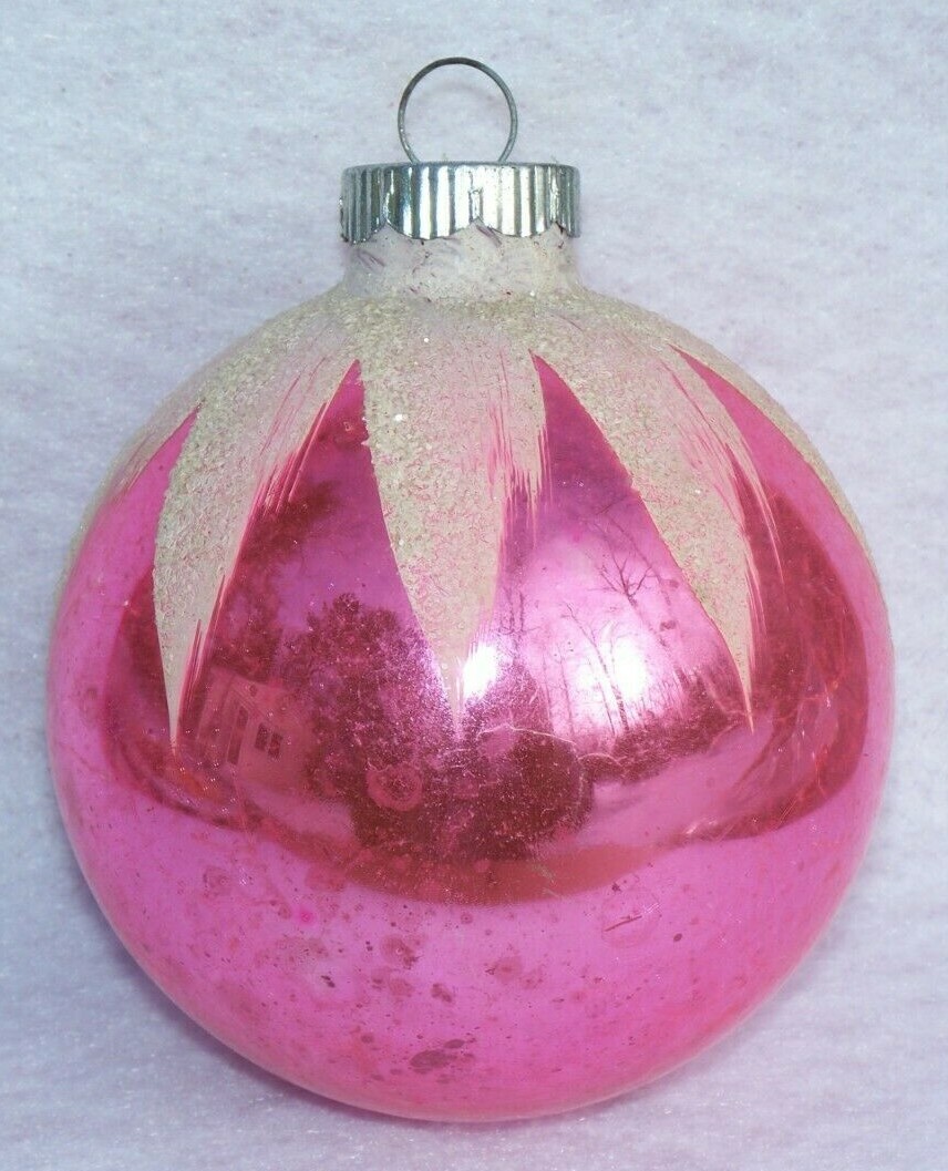VINTAGE LARGE SHINY BRITE PINK SNOW CAPPED MERCURY GLASS CHRISTMAS ORNAMENT