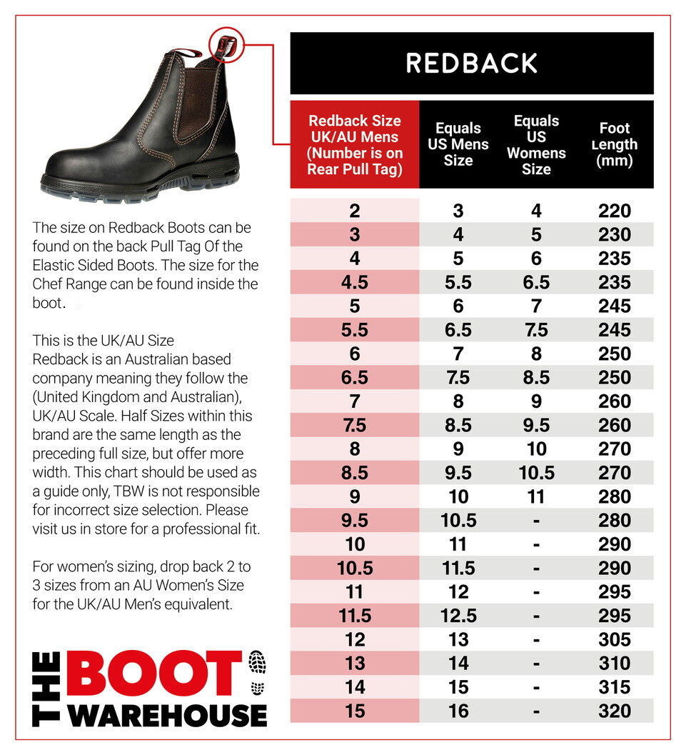 Redback Size Chart