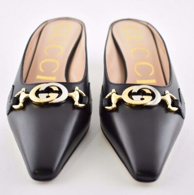 Pre-owned Gucci Zumi Black Leather Silver Gold Gg Kitten Heel Mule Slide Loafer Pump 37