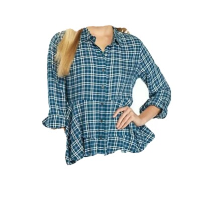 True Craft Junior/Womens Plaid Layers Frayed Button Down High Low Peplum Top