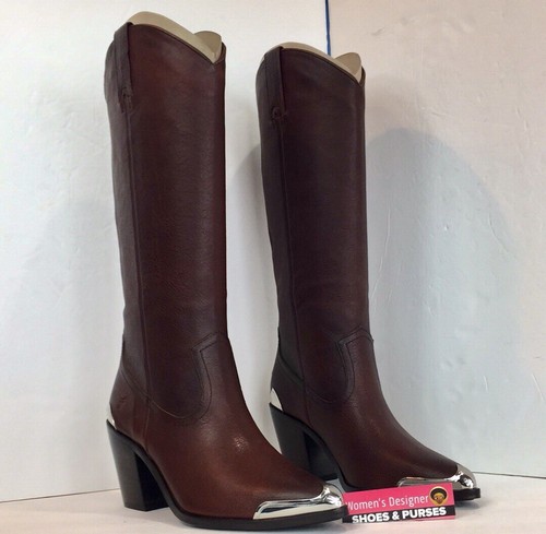 Pre-owned Frye Faye Metal Plate Pull On Western Boot $565 In Brown