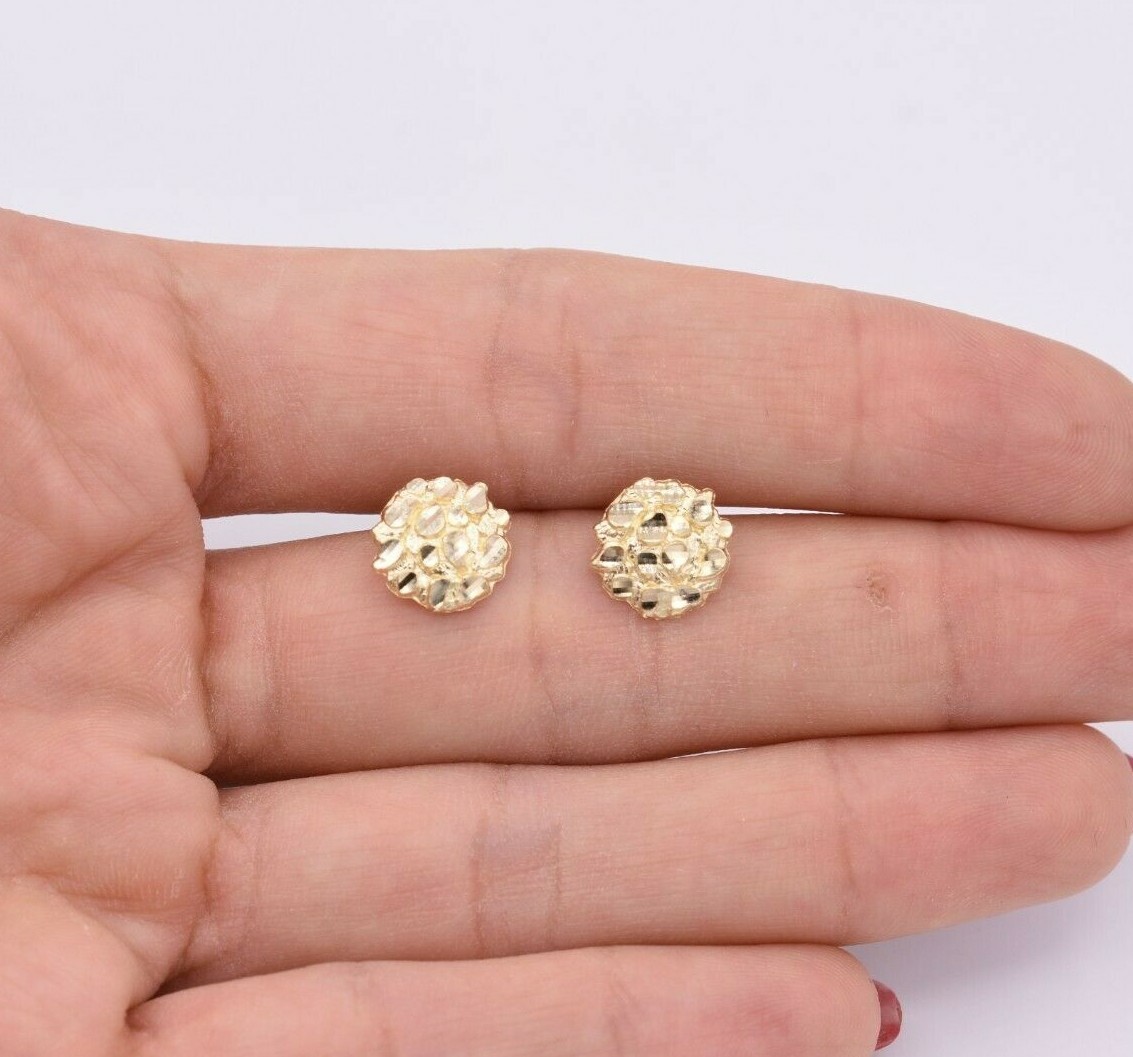 Medium Round Diamond Cut Nugget Stud Earrings Real Solid 10K Yellow