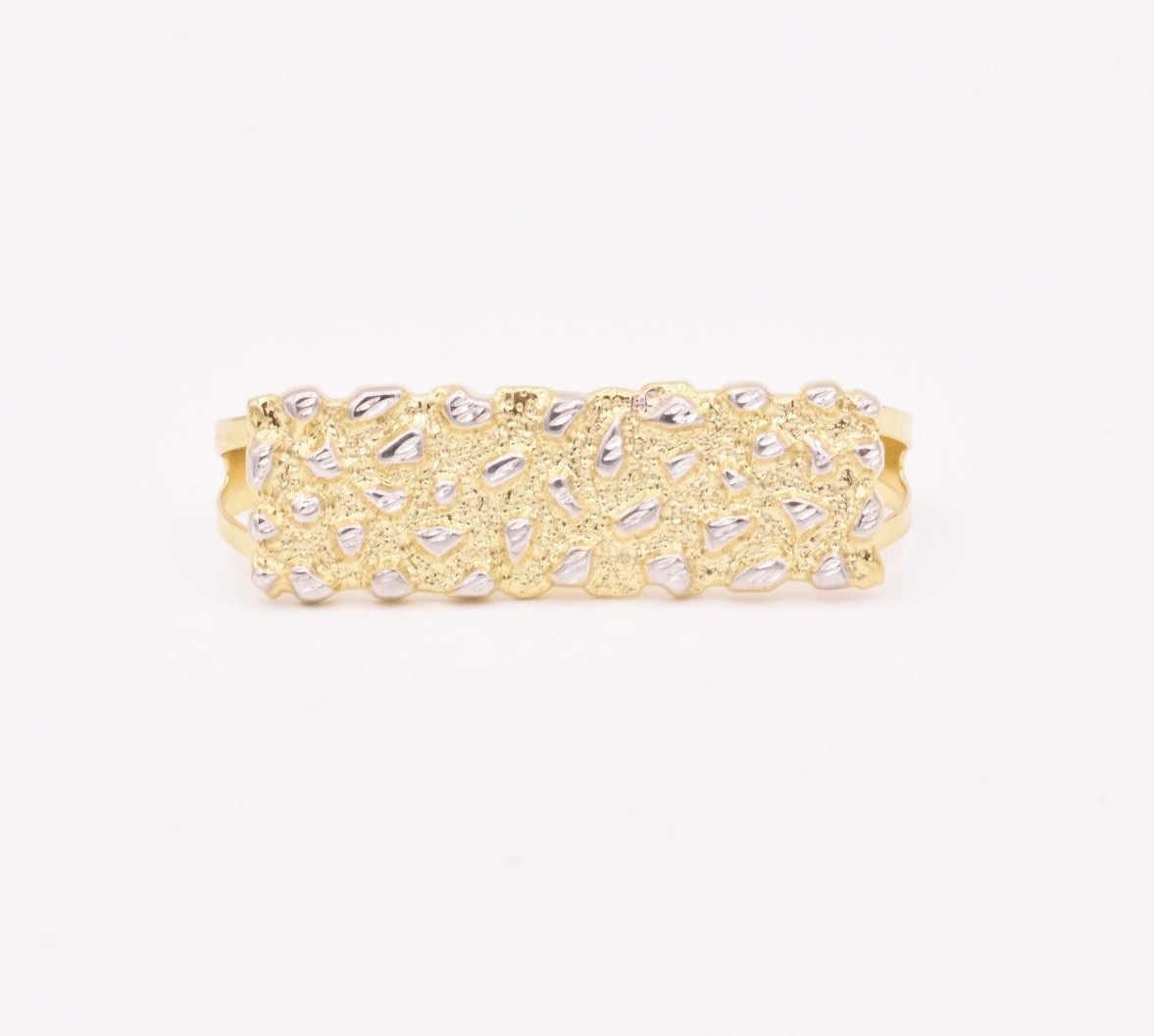 BAYAM MEN'S RECTANGULAR NUGGET DIAMOND CUT TWO FINGER RING REAL 10K YELLOW WHITE GOLD