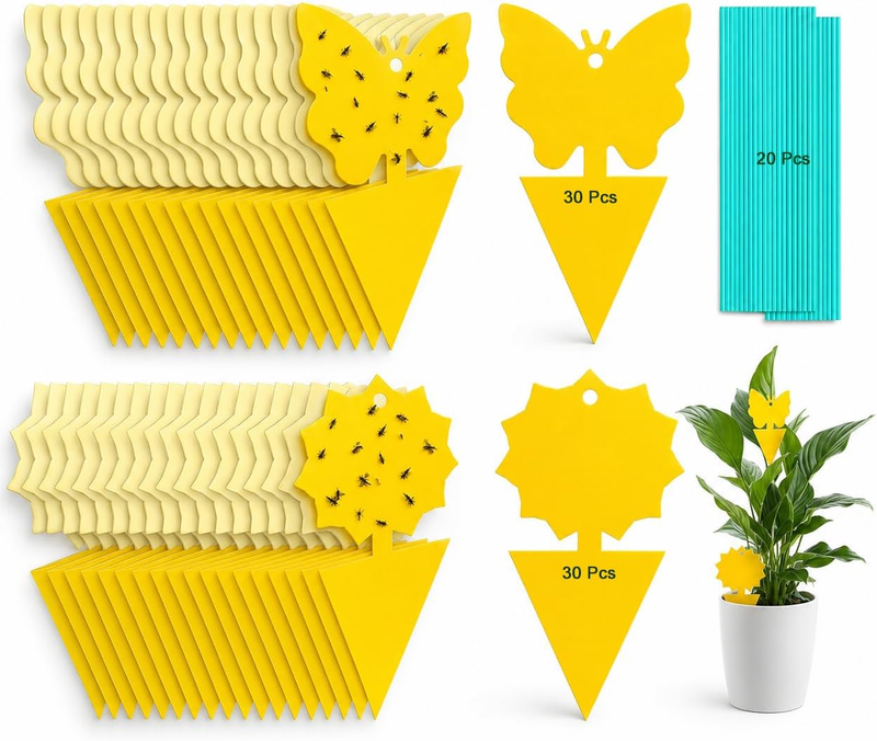 60 Pcs Sticky Traps, Yellow Dual-Sided Fungus Gnat & Fruit Fly Traps with 20 Twi