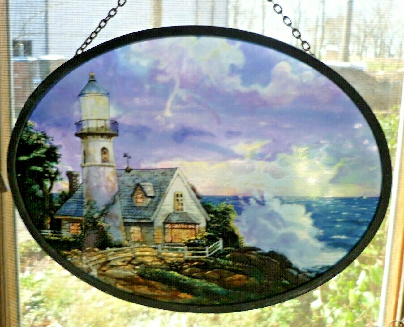 トーマスキンケード ヴィンテージ ステンドグラス 嵐の清算 家と灯台 丸型