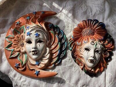 Vintage Handmade 60s Italy Carnival Mardi Gras Wall Mask Moon Goddess Set (2)