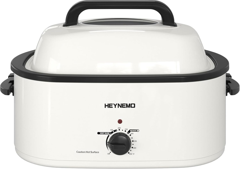 Roaster Oven, Electric Roaster Oven 26 Quart with Viewing & Self-Basting Lid, Turkey Roaster with Defrost & Warm Function, Large Electric Roaster Pan with Removable Pan & Rack, Stainless Steel, White
