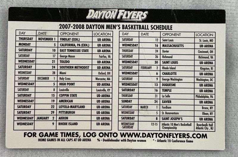 CBK 200708 Dayton Flyers Men’s Basketball Schedule Card eBay