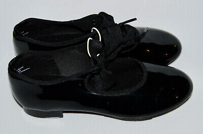 NWOB Capezio Girl's Shiny Black Patent Ribbon Tie Tap Shoes sz 1 Width M