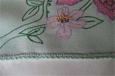 Lovely Vintage Light Green Linen Runner Big Pink Embroidered Butterfly Floral