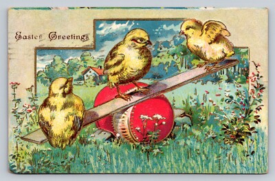 c1910 Fantasy Anthropomorphic Chicks Egg See Saw Easter  P65A
