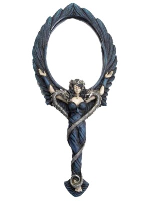 Alchemy Gothic Black Angel Hand Held Mirror With Inscriptions On Back