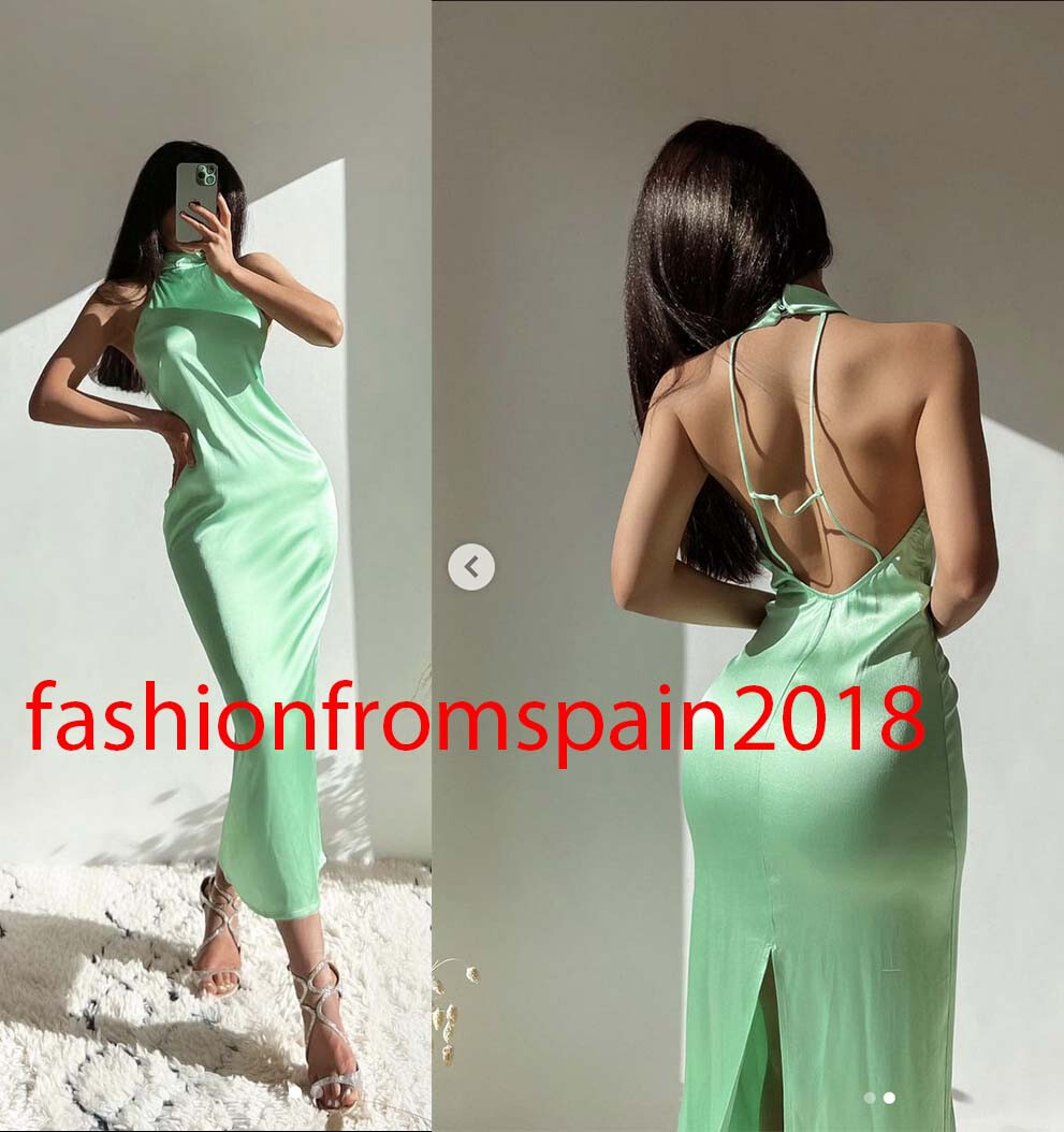 ZARA NEW WOMAN MIDI GLOSSY HALTER NECK DRESS LIGHT GREEN S,M