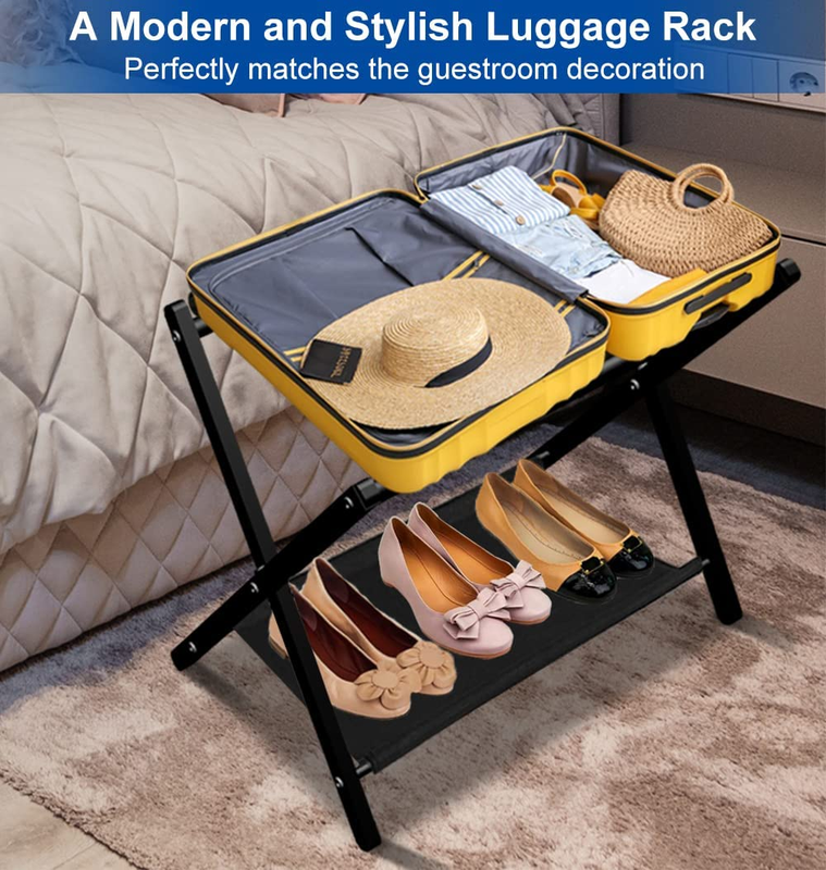 Black Folding Luggage Rack Stand with Shelf: Guest Room Essentials