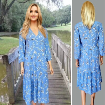 YAS DRESS SIZE 16 BLUE FLORAL PRINT RUCHED RUFFLED HEM MIDI LOOSE FIT #17