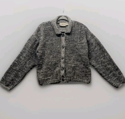 Vtg Flashback Cardigan Blazer Womens L Black Gray White Knit Jacket 100% Cotton