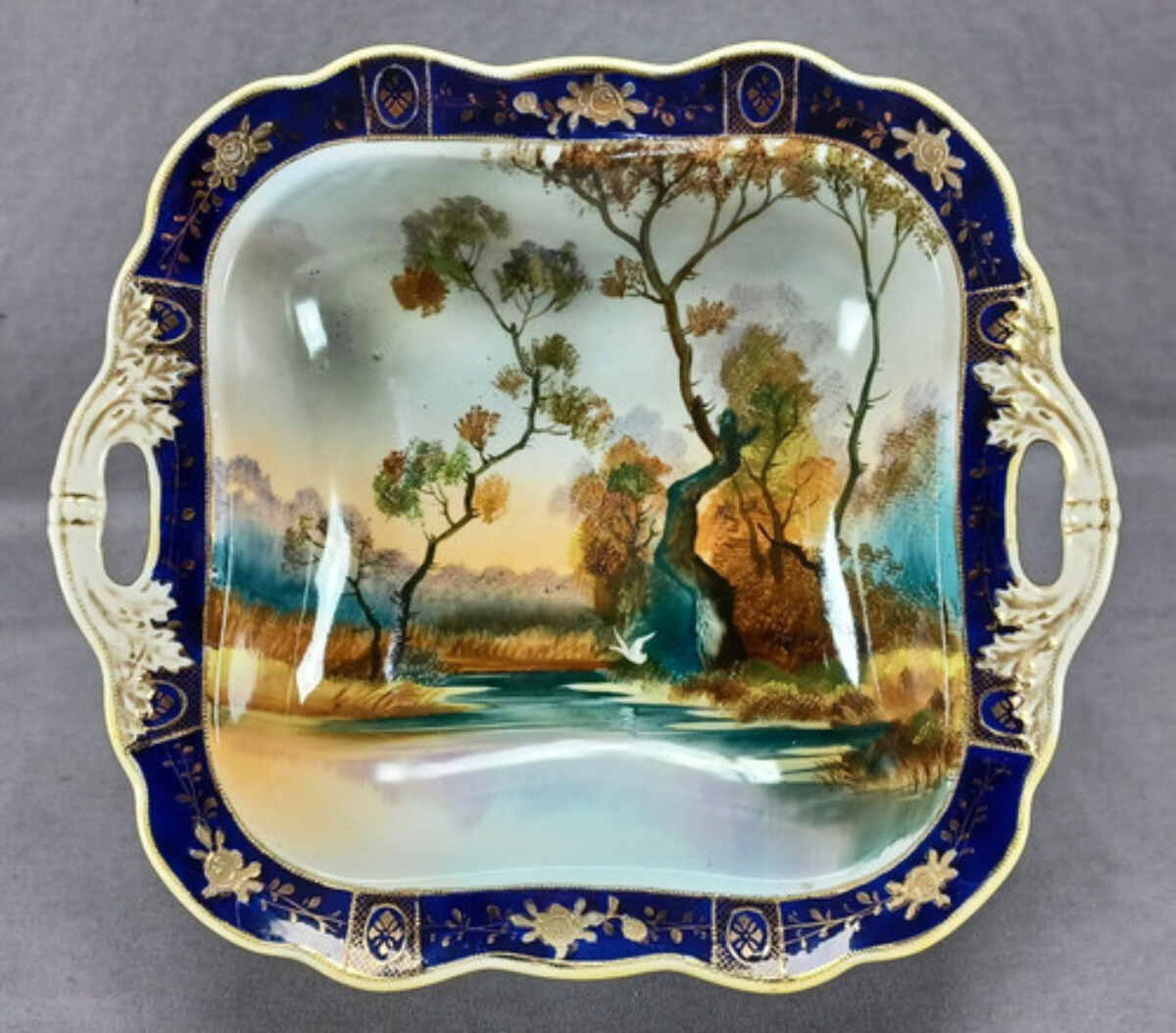 NORITAKE Old Swan Lakeside Picture Large Decorative Bowl In Cobalt & Raised Gold