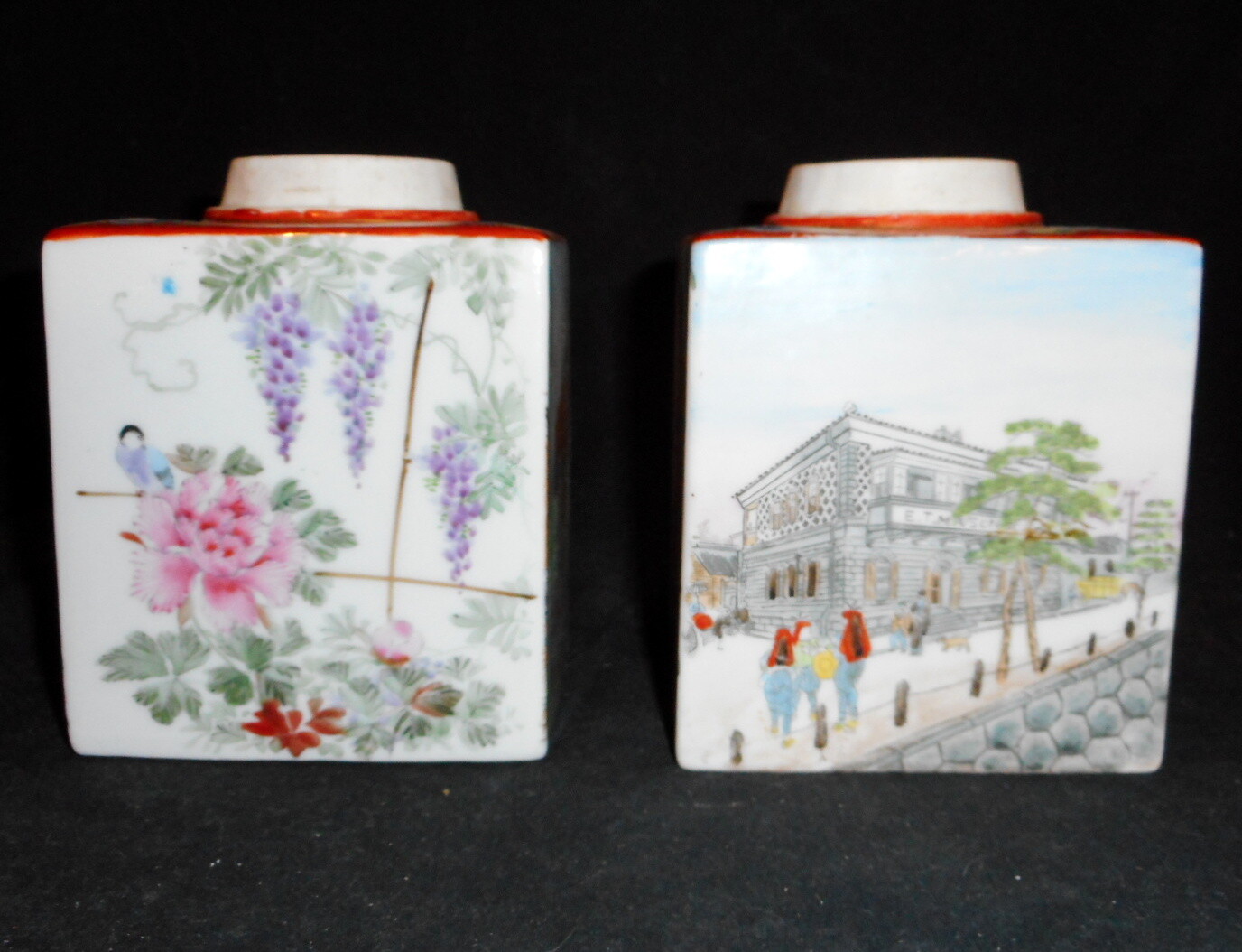 Pr. Unusual Antique Japanese Tea Canisters Hand Painted with Tea Trade Area Vie