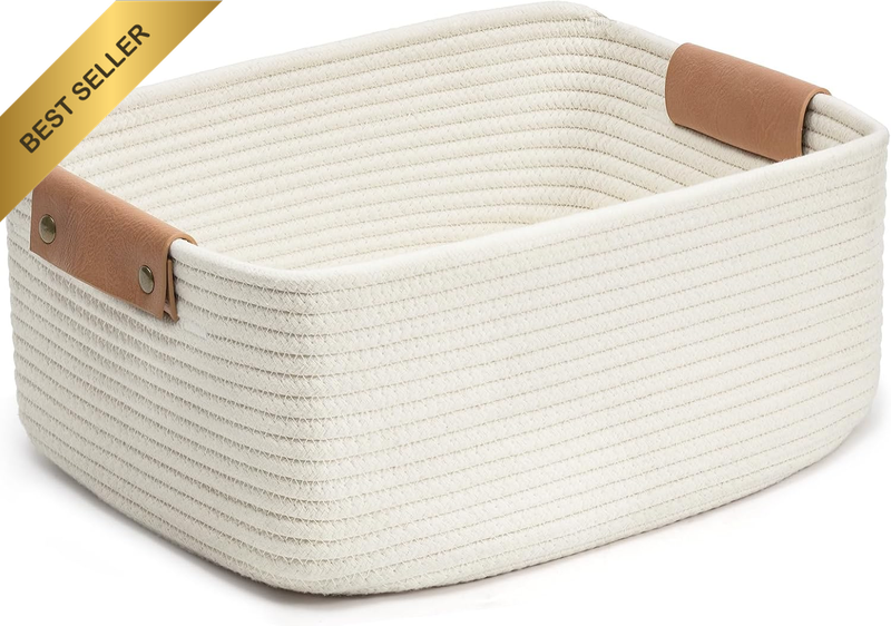 Rectangle Cotton Rope Woven Basket with Handles for Books, Magazines, Toys - Dec