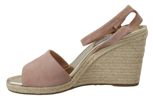 Pre-owned Prada Women Pink Beige Sandals Suede Solid Ankle Strap Casual High Wedge Shoes