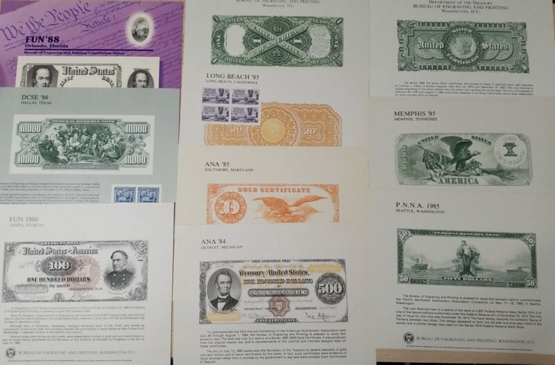 10 DIFFERENT BEP BUREAU OF ENGRAVING AND PRINTING SOUVENIR CARDS CURRENCY STAMPS