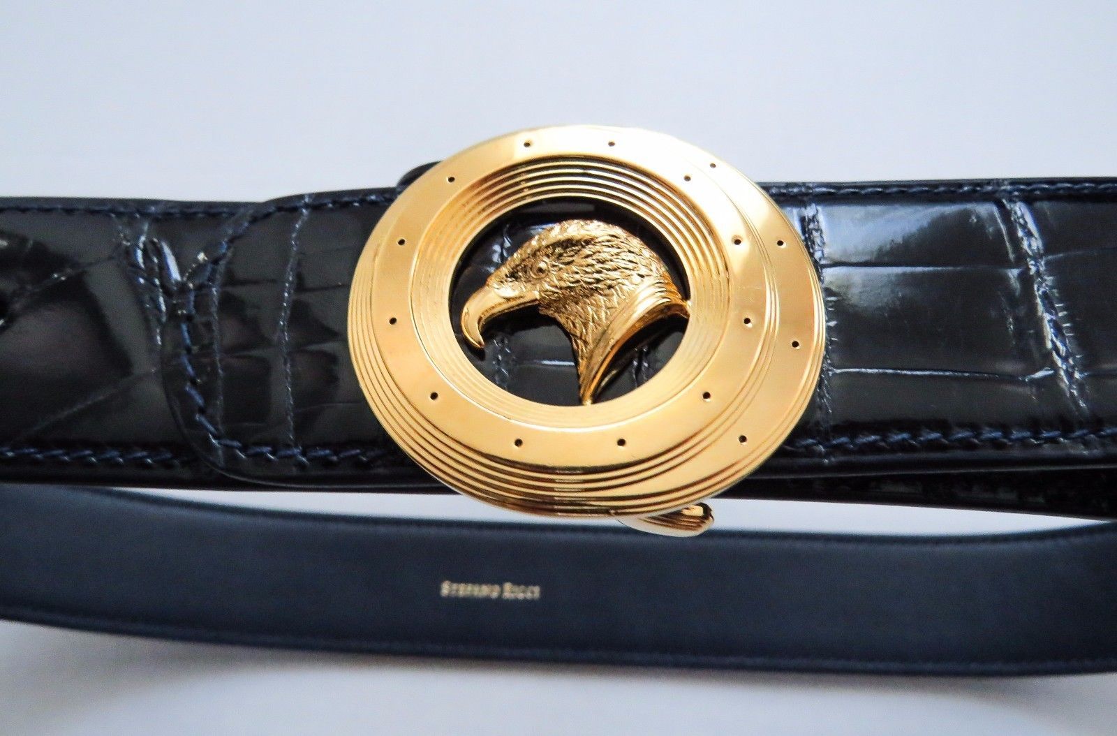 Pre-owned Stefano Ricci Blue Crocodile Leather With Eagle Gold Buckle Belt 34 Us 85 Cm