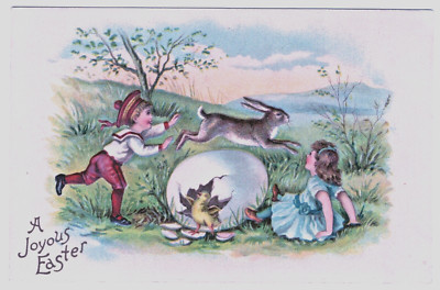 Easter Vintage Postcard Children Large Brown Rabbit Jumps Over Cracked Egg Chick