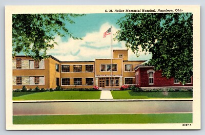 Postcard S.M. Heller Memorial Hospital,  Napoleon, Ohio Flag Pole Exterior View