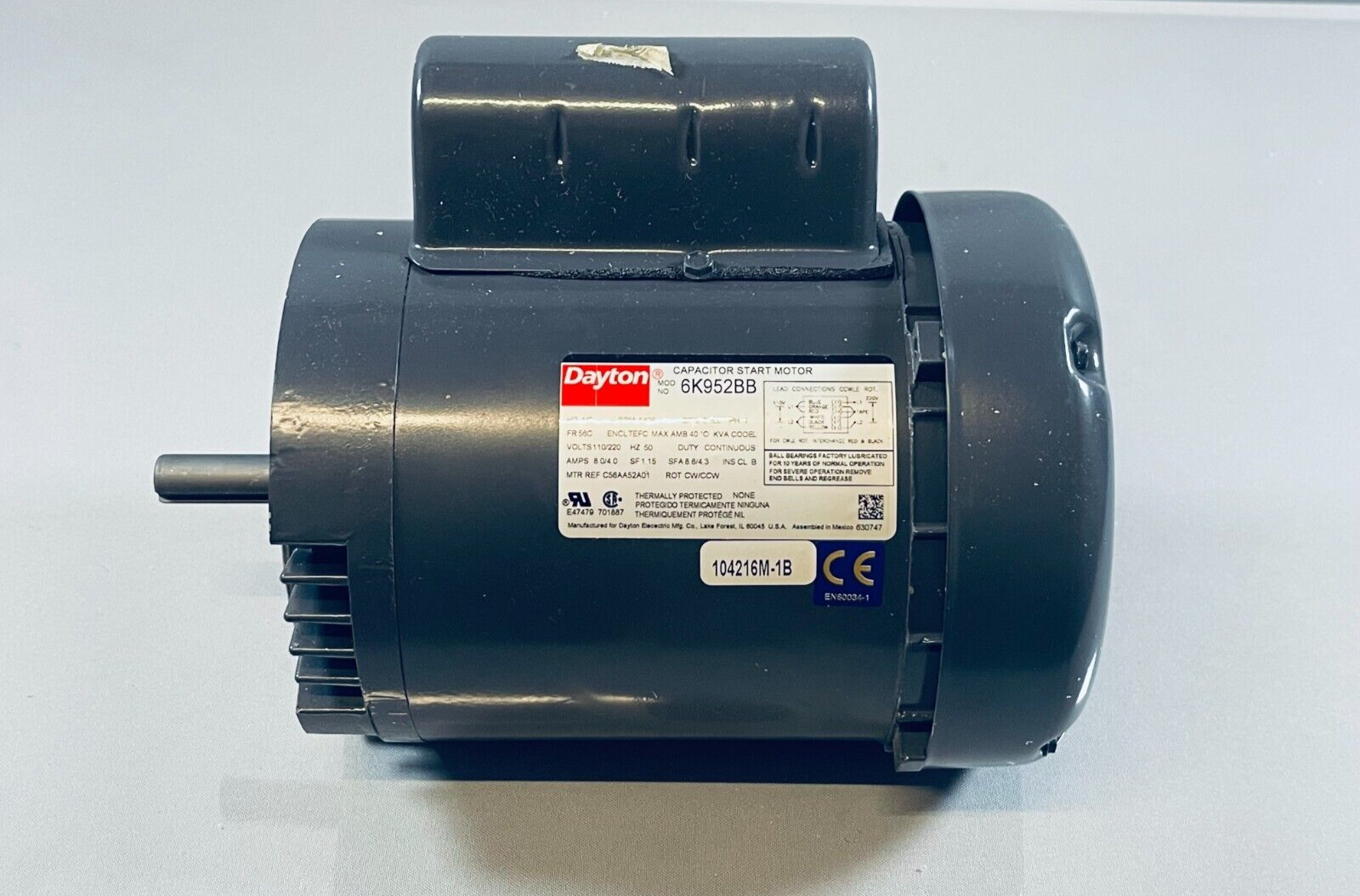 Dayton 6K952BB 50Hz Motor, Capacitor-Start, 1/2HP, 1425 RPM, 56C, C56AA52A01 | eBay Dayton 6K952BB 50Hz Motor, Capacitor-Start, 1/2HP, 1425 RPM, 56C, C56AA52A01 | eBay