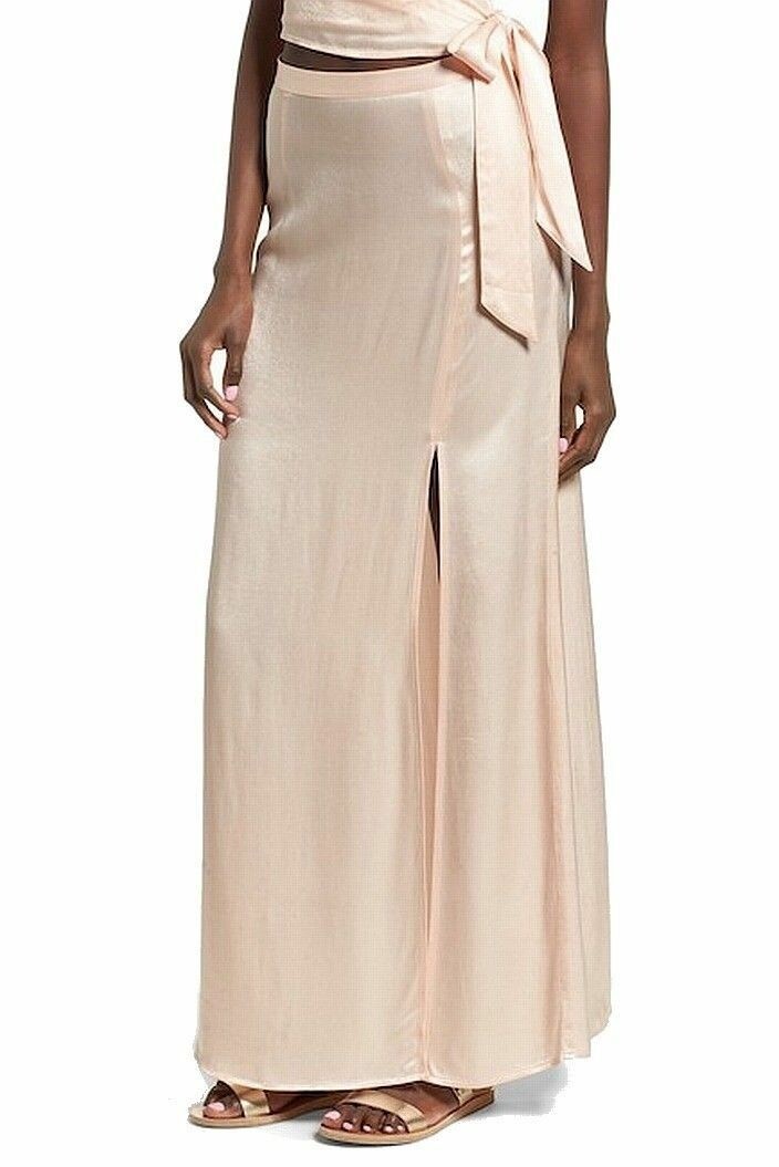 Leith 153620 Women's Side-Slit Seamed Satin Maxi Skirt Pink Scallop Sz. XS